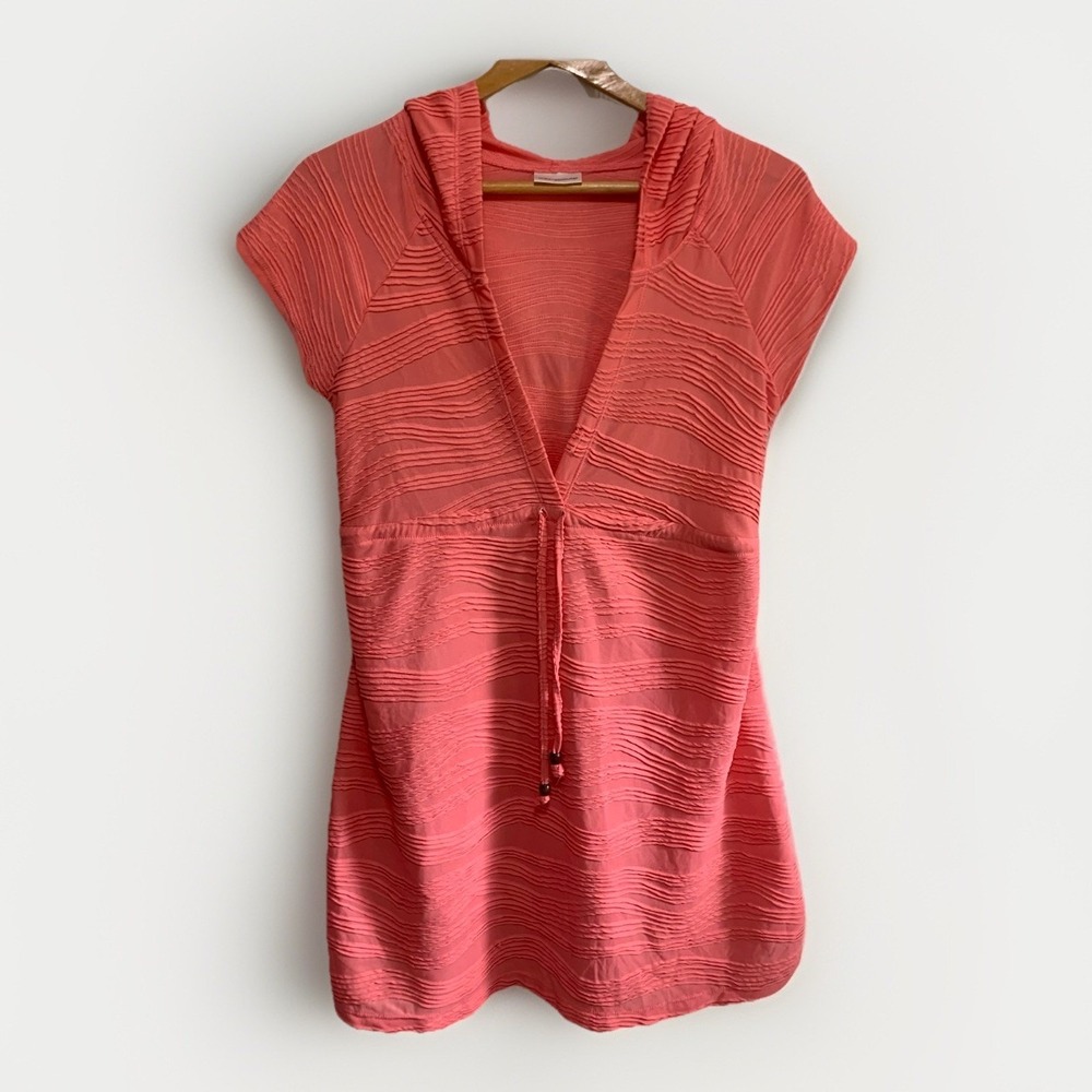 Wearabouts Hooded Tunic Top Womens Medium Coral Pink Textured Cap Sleeve V-Neck